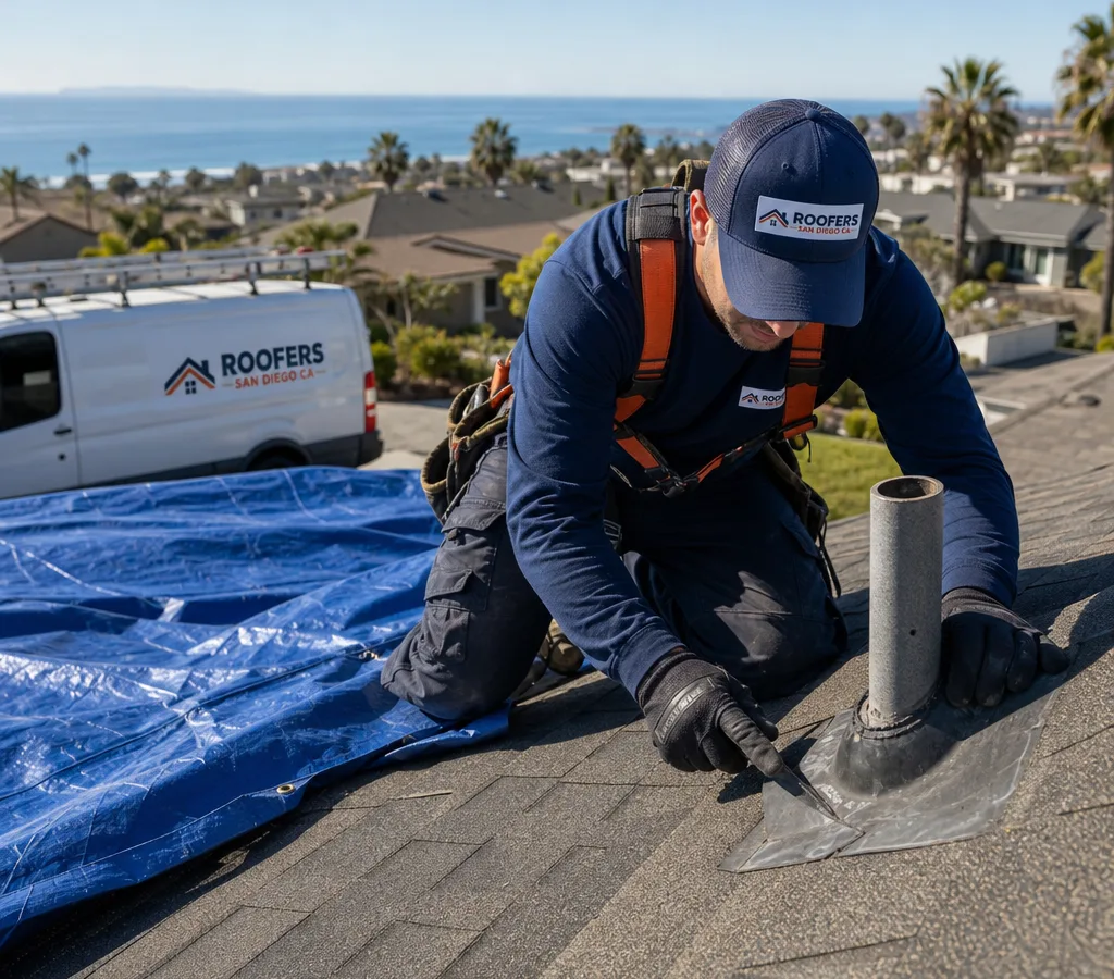 Technician tracing an active roof leak near a vent and shingle transition