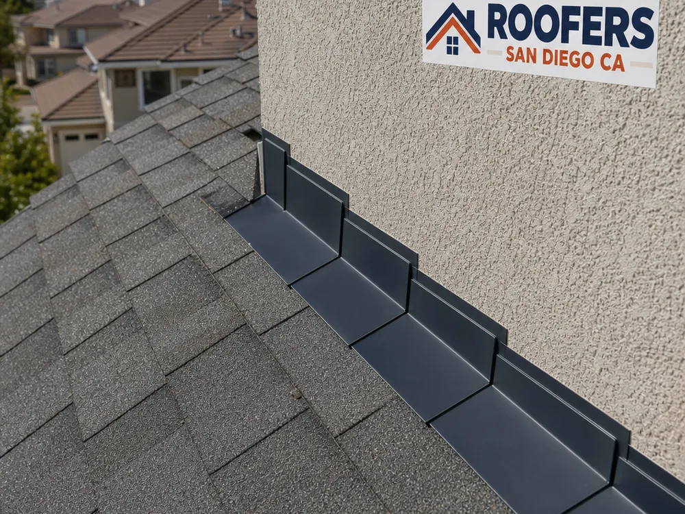 Repaired step flashing along a sidewall with correctly lapped pieces and a clean roof-edge termination