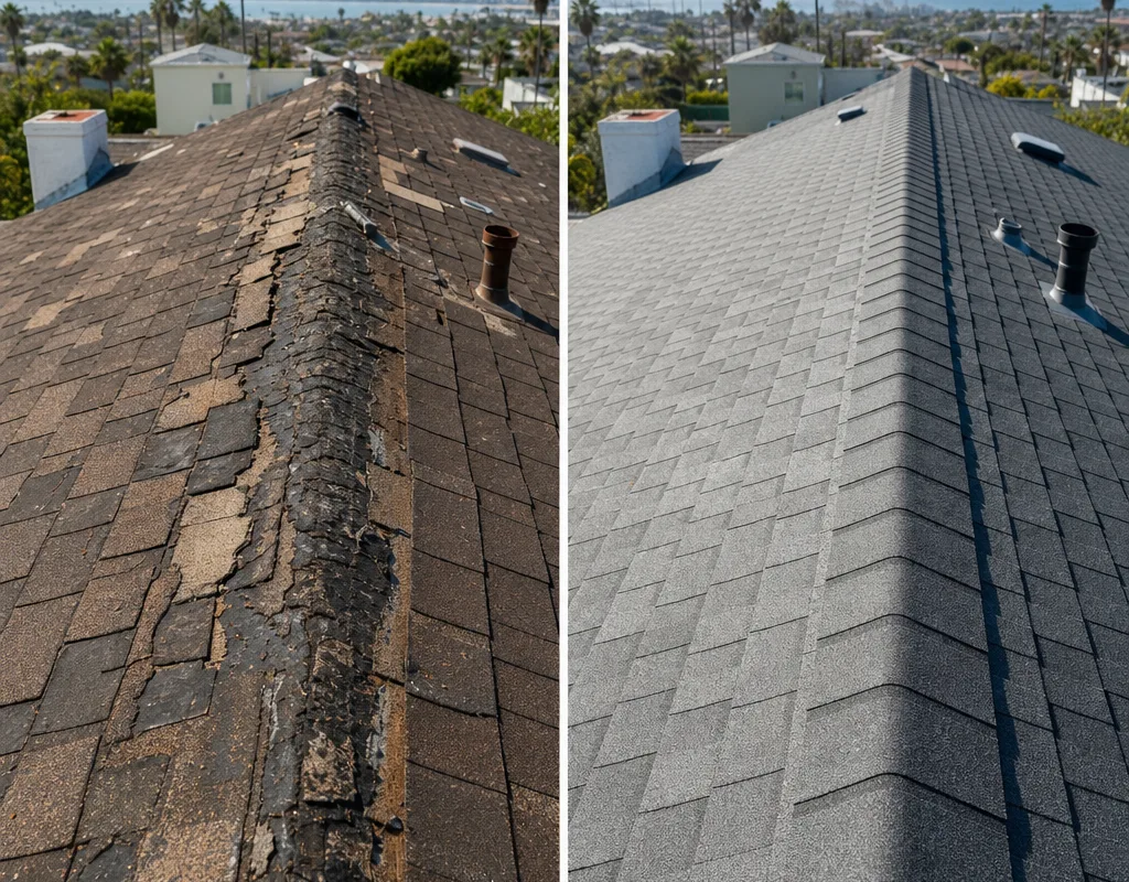 Before and after San Diego roof replacement with clean flashing lines and ridge detailing