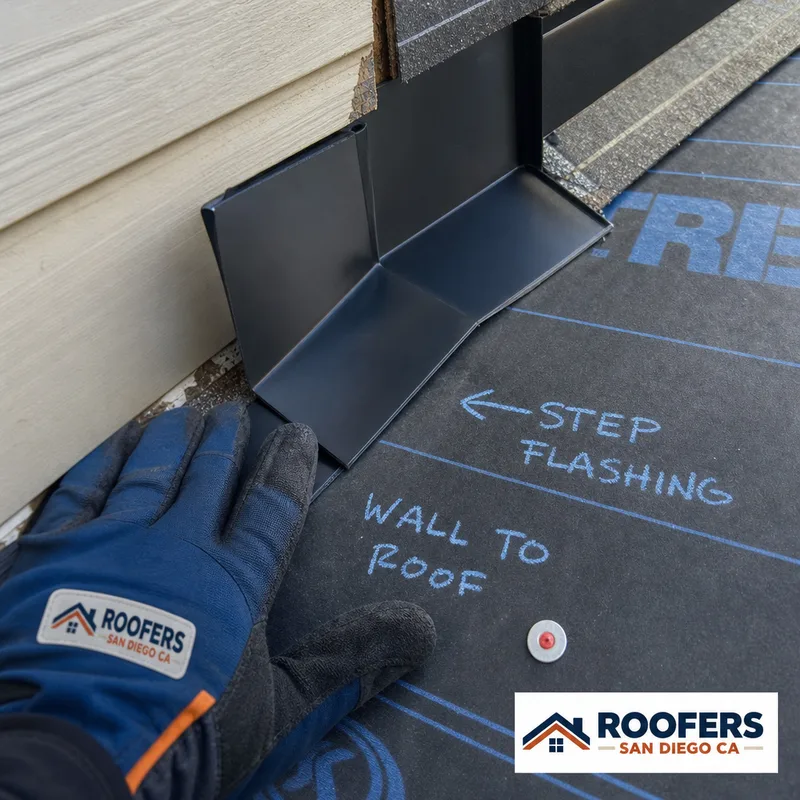 New roof underlayment and metal step flashing marked for sections of a replacement estimate