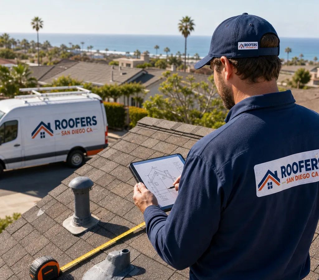 San Diego roofing crew measuring roof planes and documenting penetrations for a replacement estimate