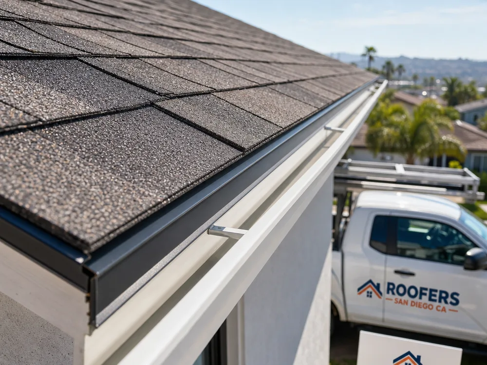 Finished roof eave with aligned edge metal, underlayment termination, and neat shingle courses