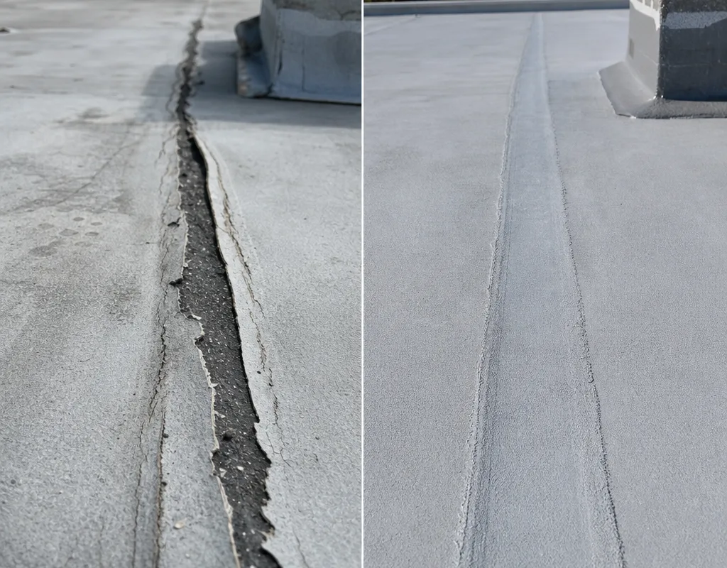 Before and after repair of a failed seam on a low-slope commercial membrane roof