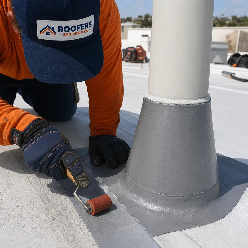Clean commercial roof penetration repair with new flashing and a prepared membrane patch