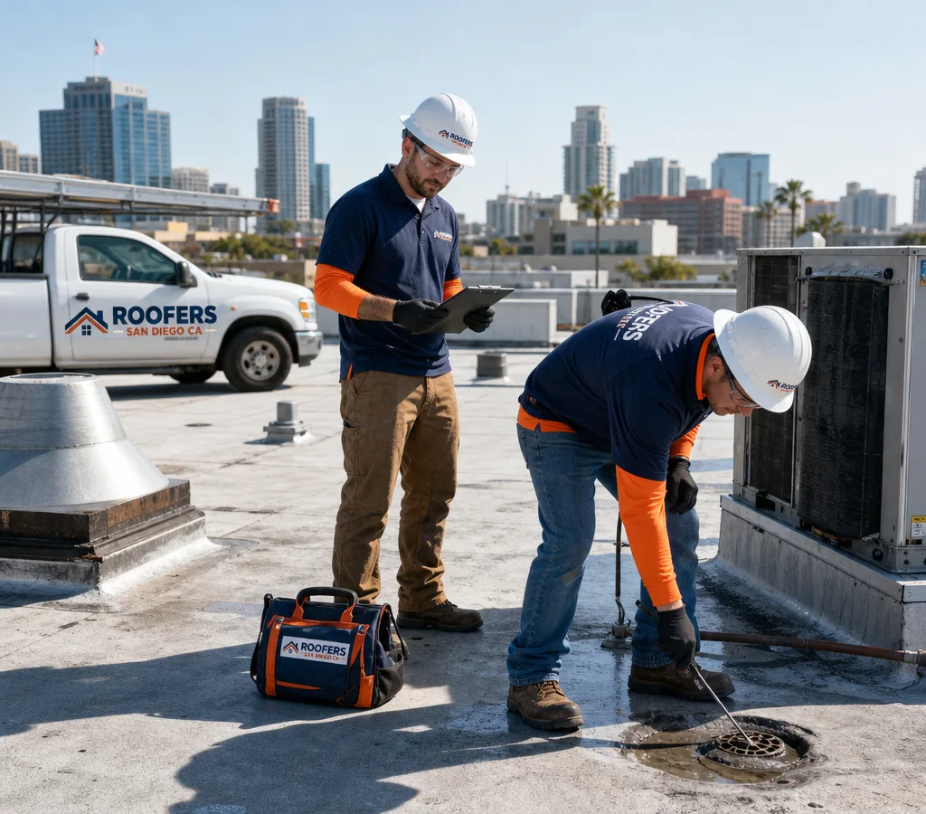 Commercial roofing crew investigating a leak near HVAC curbs and roof drains in San Diego