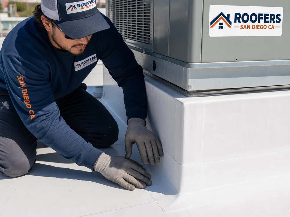 Finished commercial roof repair around an HVAC curb with watertight flashing transitions