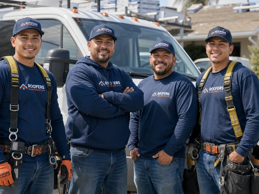 Roofing crew in safety gear beside an organized service vehicle and project materials